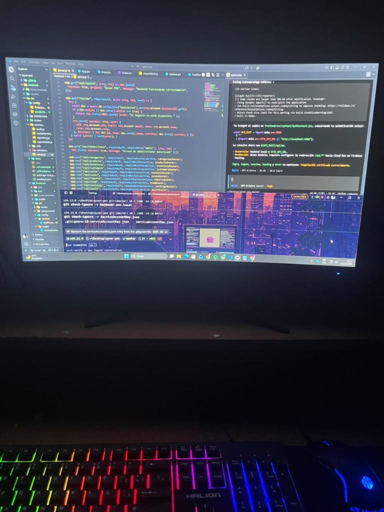 Mi espacio de trabajo con código abierto en el monitor y teclado iluminado