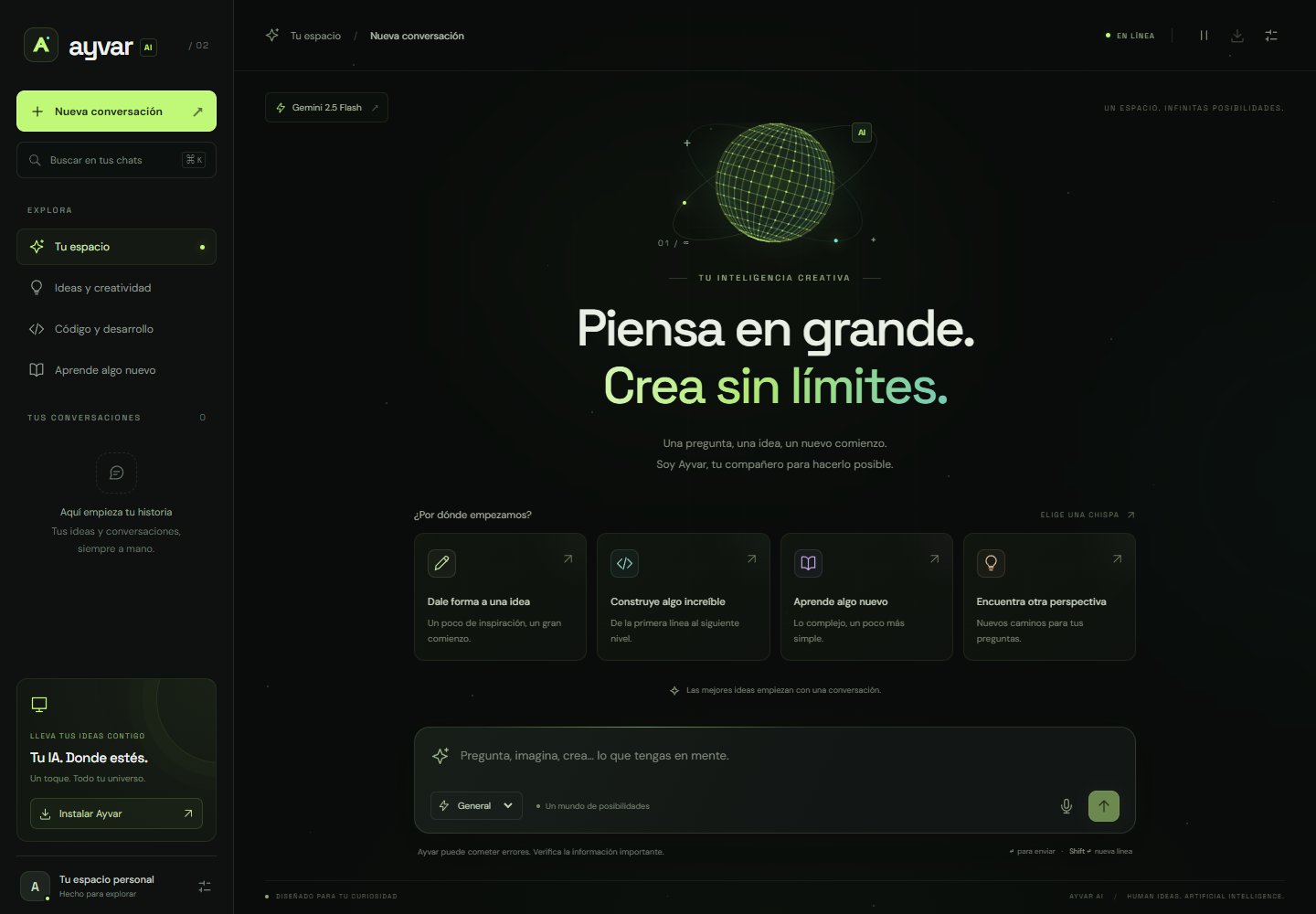 Vista previa de Ayvar AI, con su chat y opciones de creatividad, código y aprendizaje