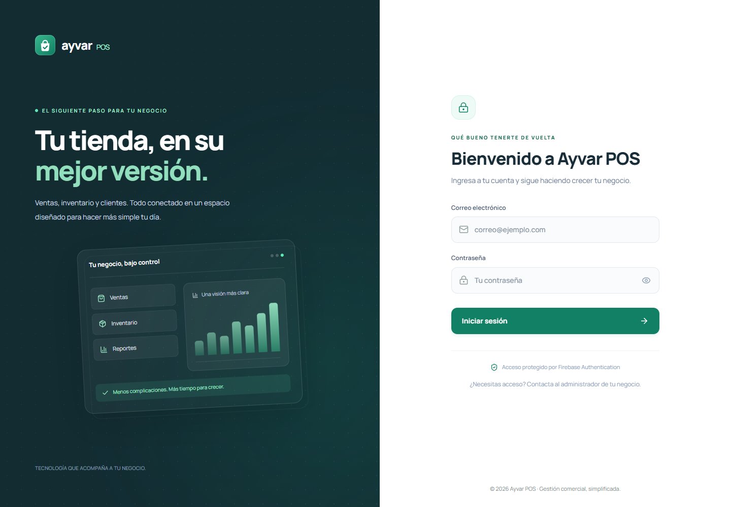 Vista previa de Ayvar POS, con su pantalla de acceso al sistema de ventas e inventario