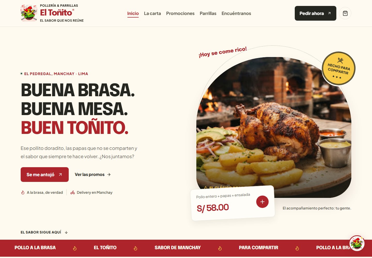 Vista previa de Pollería El Toñito, con su presentación de pollo a la brasa y acceso a la carta y pedidos